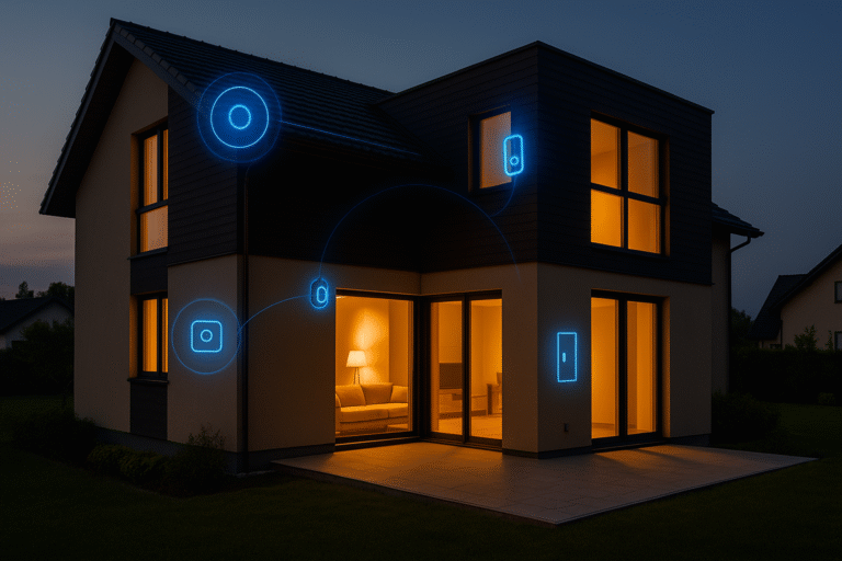 Casa moderna en Chile con sensores iluminados que representan la tecnología PreSense de Verisure.